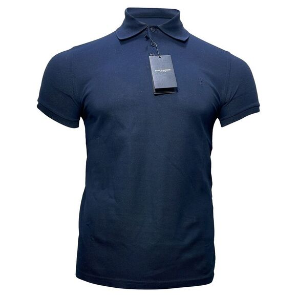 Saint Laurent Cassandre Embroidered-Logo Polo Shirt in Navy Blue Cotton